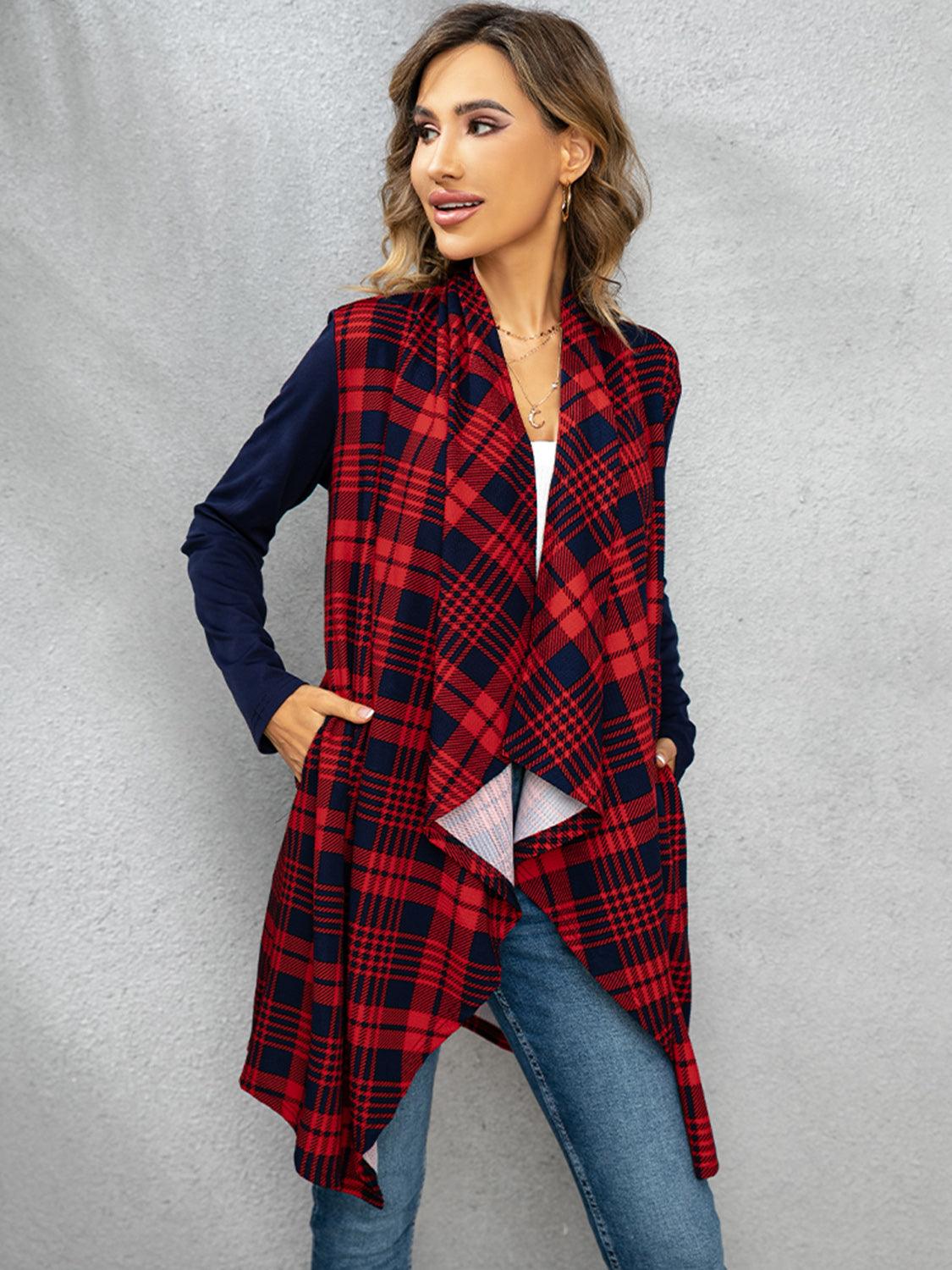 Shiny Plaid Open Front Cardigan Carauana Store
