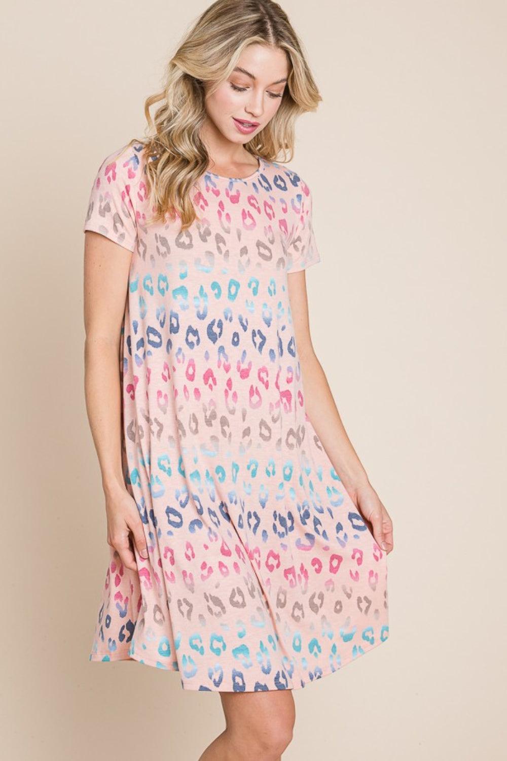BOMBOM Leopard Round Neck Short Sleeve Dress Carauana Store