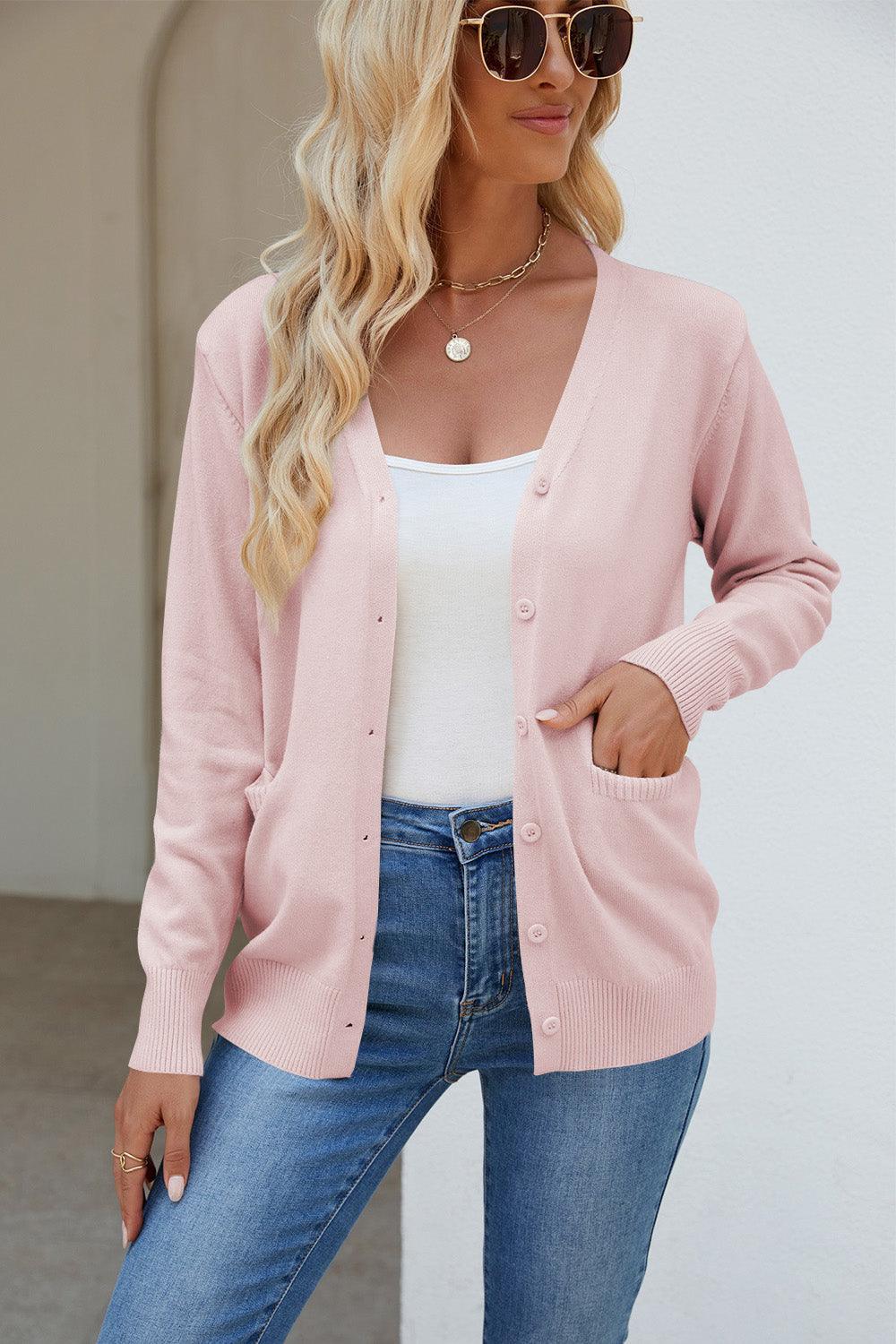 Pocketed V-Neck Button Up Long Sleeve Cardigan Carauana Store