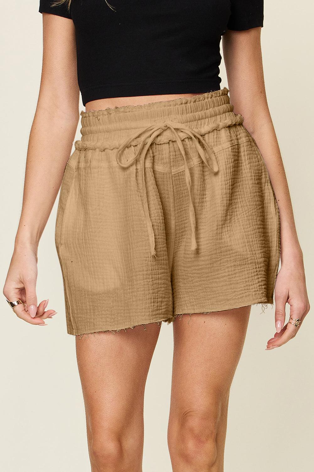 Double Take Full Size Texture Raw Trim Drawstring Shorts Carauana Store