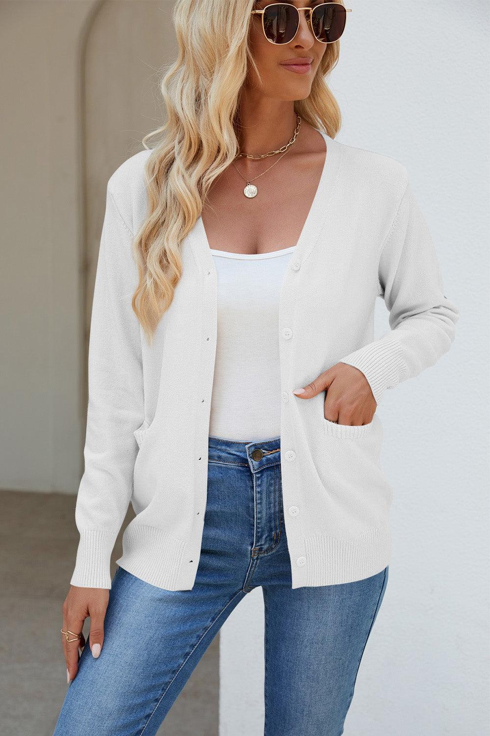 Pocketed V-Neck Button Up Long Sleeve Cardigan Carauana Store