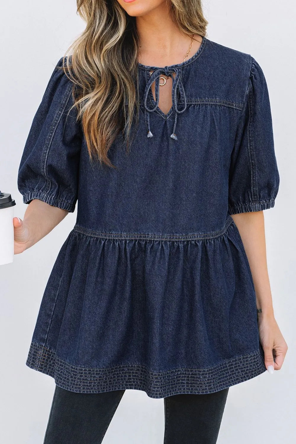 Tie Neck Babydoll Denim Top Carauana Store