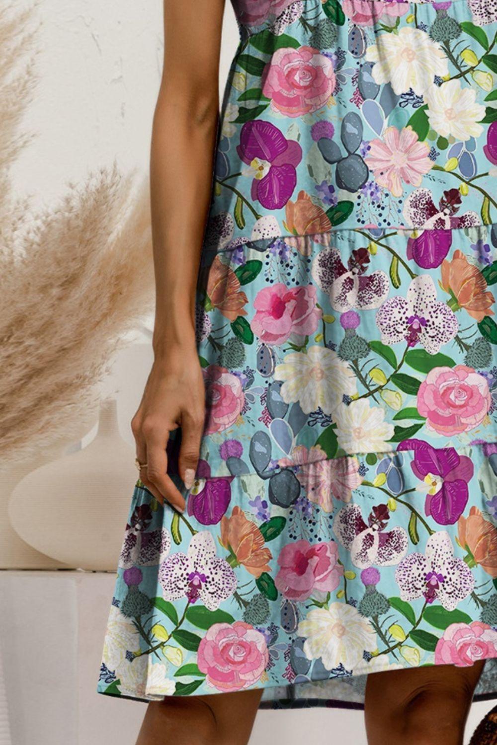 Printed Round Neck Sleeveless Tiered Dress Carauana Store