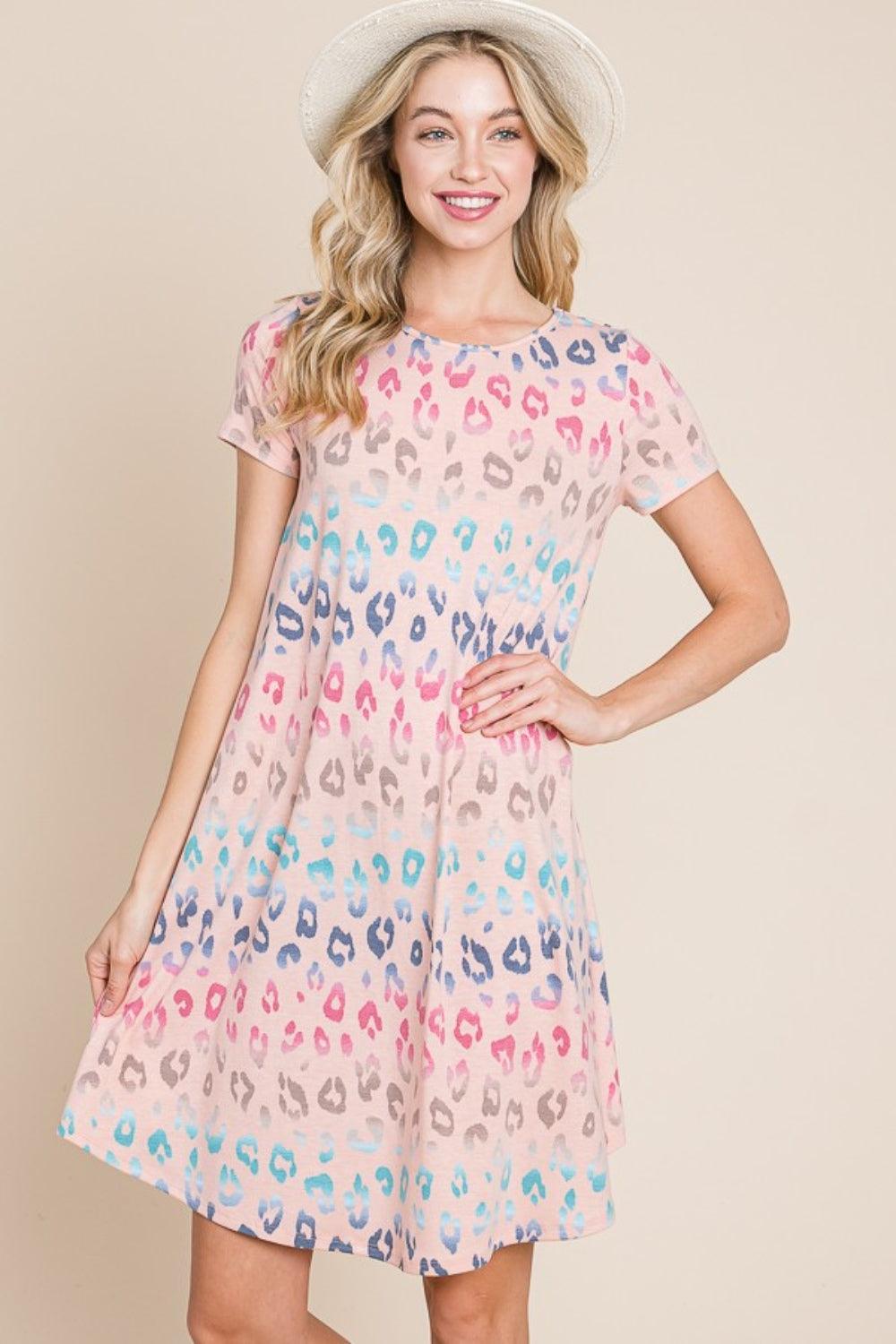 BOMBOM Leopard Round Neck Short Sleeve Dress Carauana Store