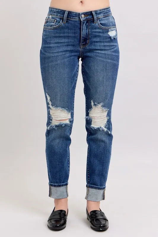 Judy Blue Full Size Mid Rise Boyfriend destroy Jeans with Yoke Pockets and Faux Selvedge Cuff Plus Size Carauana Store