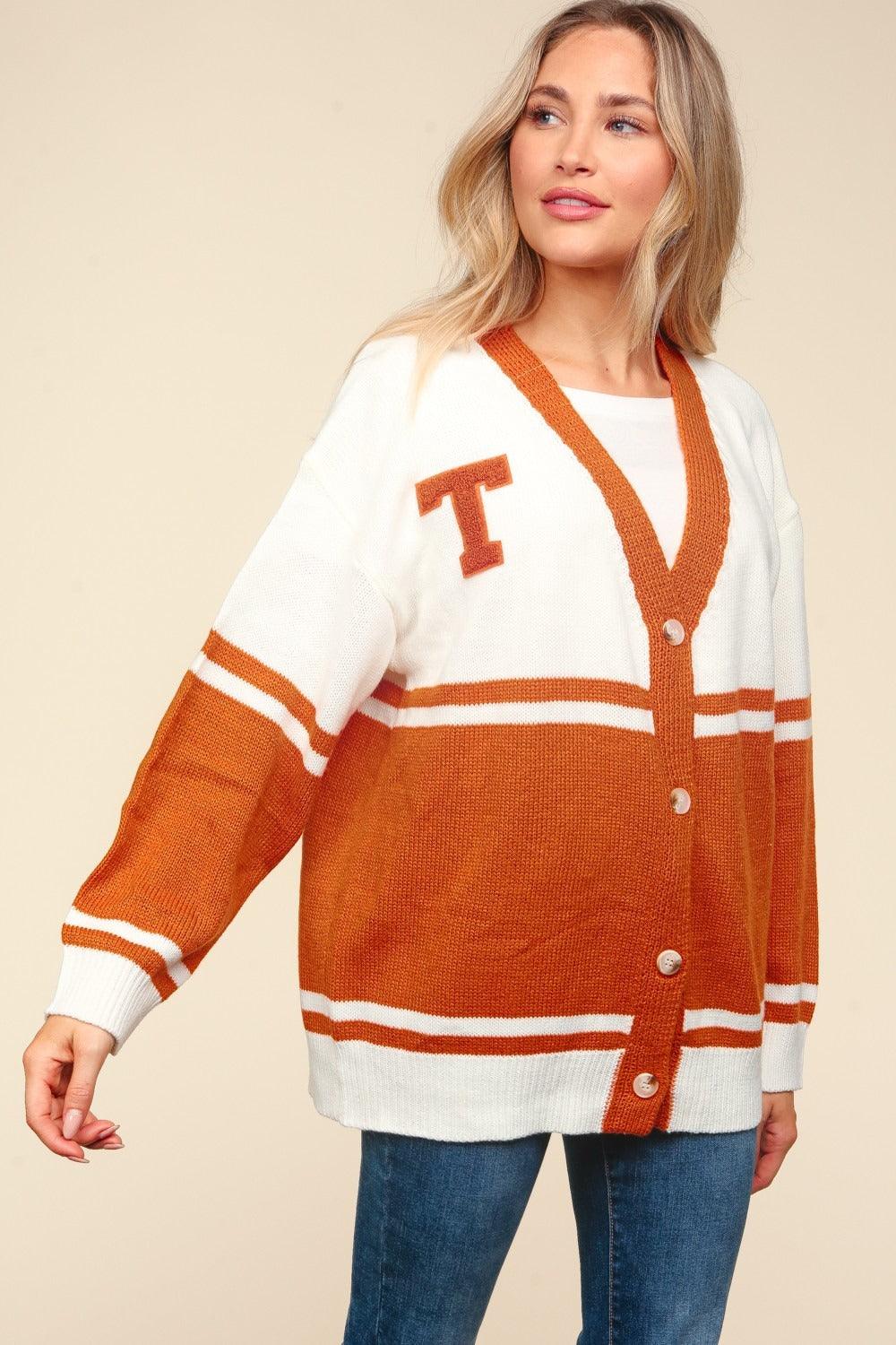 Haptics Full Size V Neck Button Down Letter Patch Cardigan Carauana Store