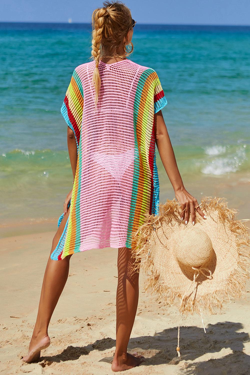 Double Take Openwork Striped Slit Knit Cover Up Carauana Store