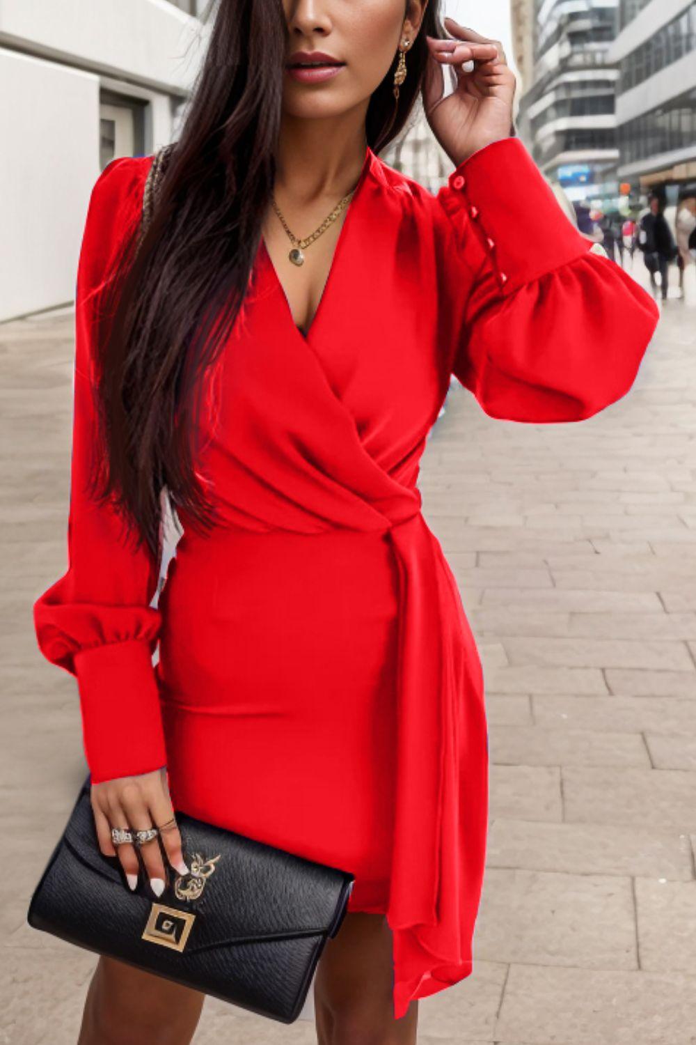 Surplice Lantern Sleeve Mini Dress Carauana Store