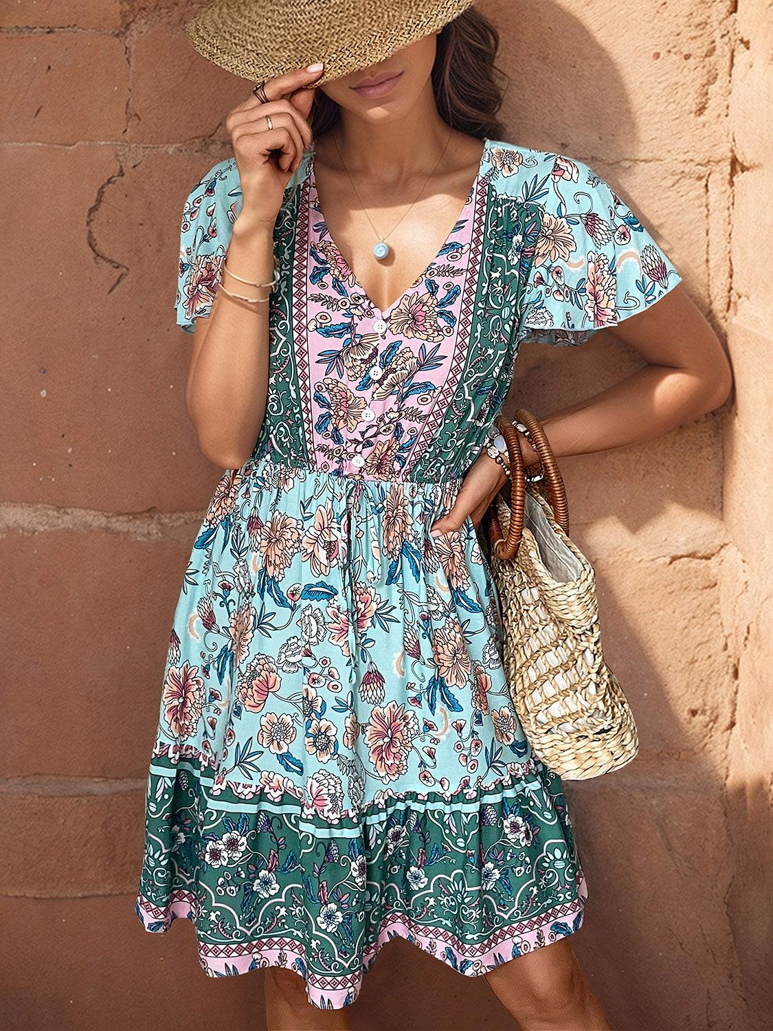 Printed V-Neck Flutter Sleeve Dress Carauana Store