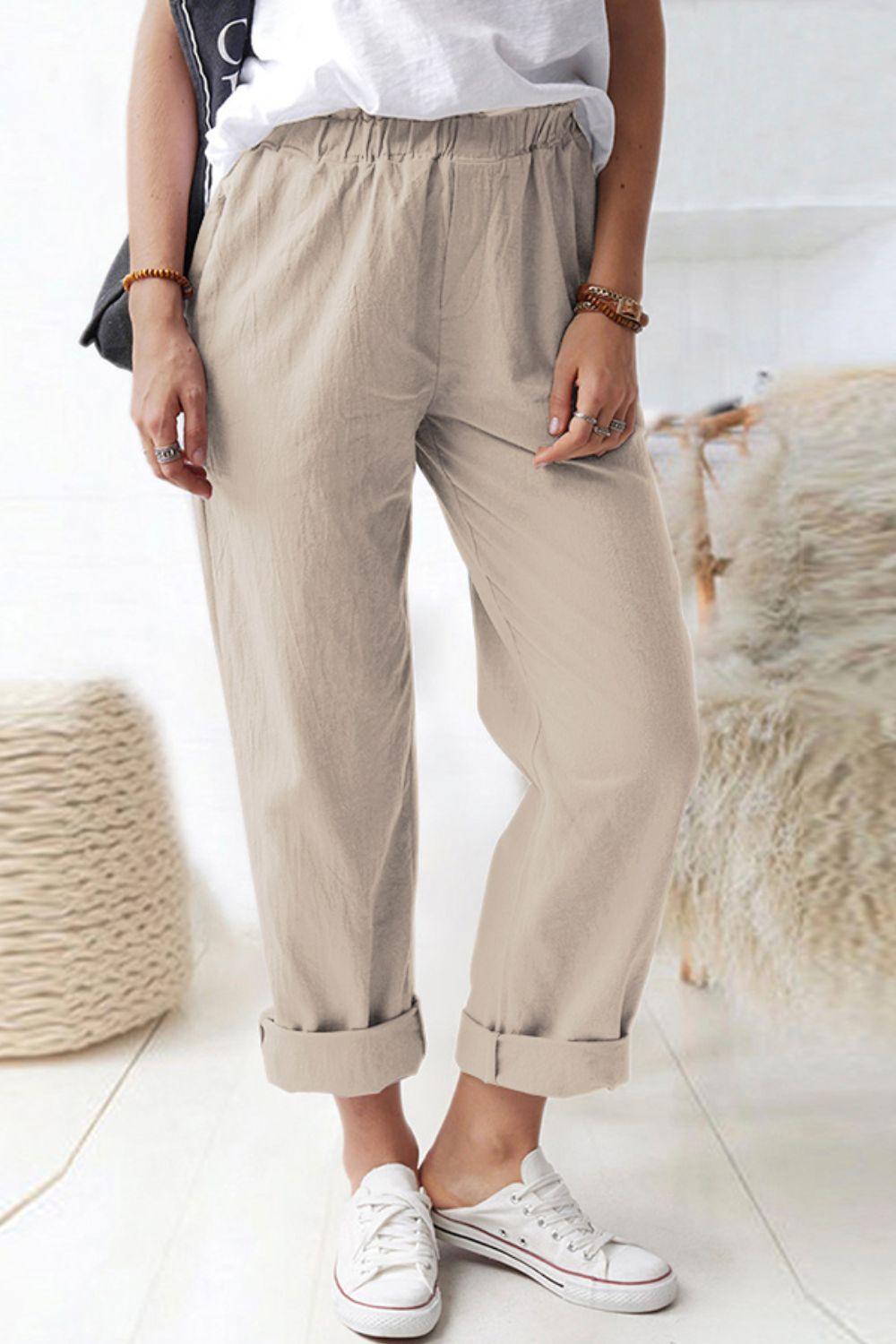 Paperbag Waist Pull-On Pants with Pockets Carauana Store