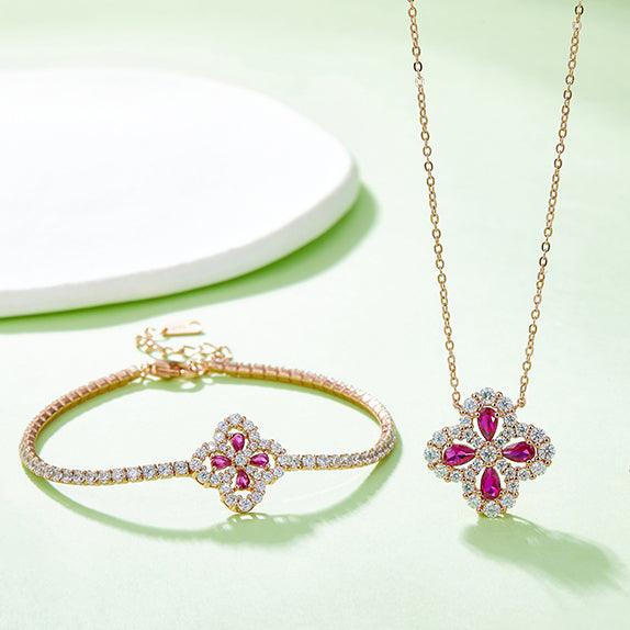 Lab-Grown Ruby 925 Sterling Silver Flower Shape Necklace Carauana Store