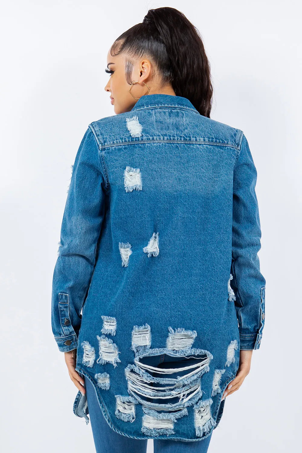 American Bazi Distressed Button Up Long Sleeve Denim Jacket Carauana Store