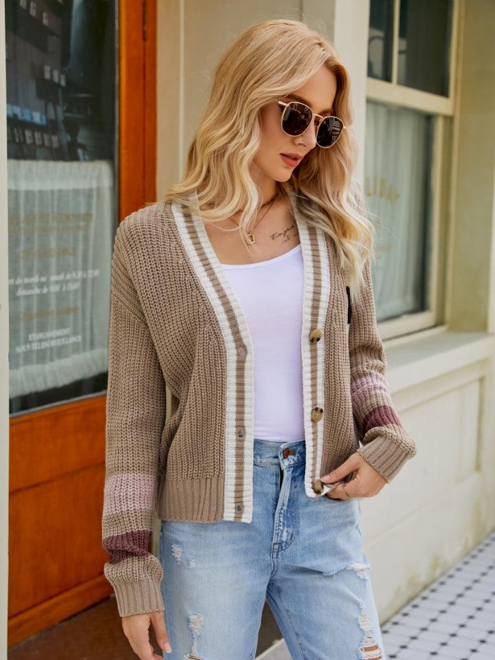 Contrast Button Up Dropped Shoulder Cardigan Carauana Store