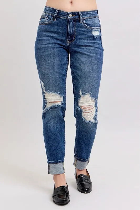 Judy Blue Full Size Mid Rise Boyfriend destroy Jeans with Yoke Pockets and Faux Selvedge Cuff Plus Size Carauana Store