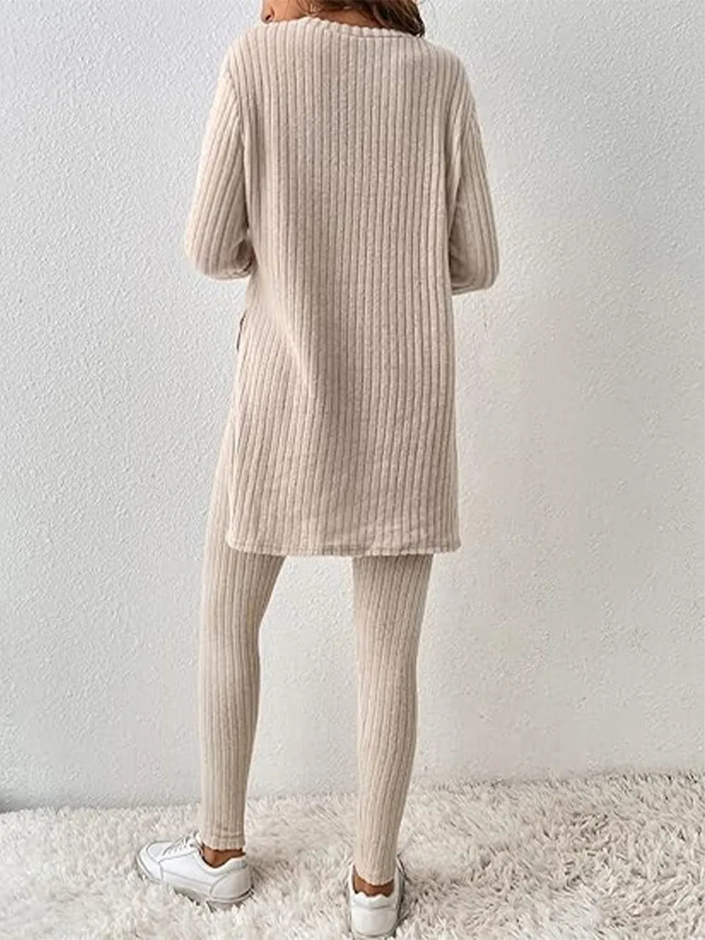 Side Slit Round Neck Long Sleeve Top and Pants Set