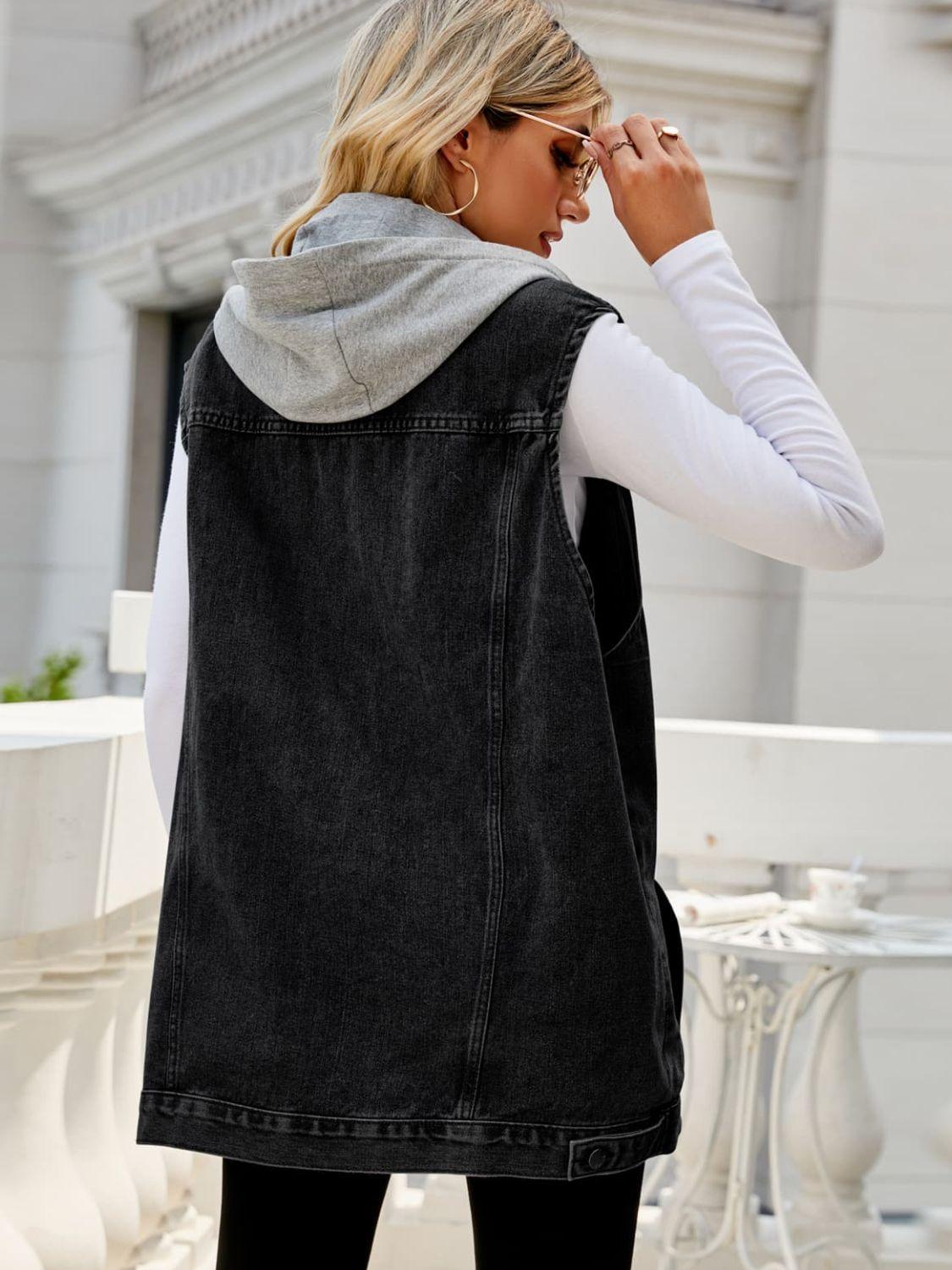 Drawstring Hooded Sleeveless Denim Top with Pockets Carauana Store