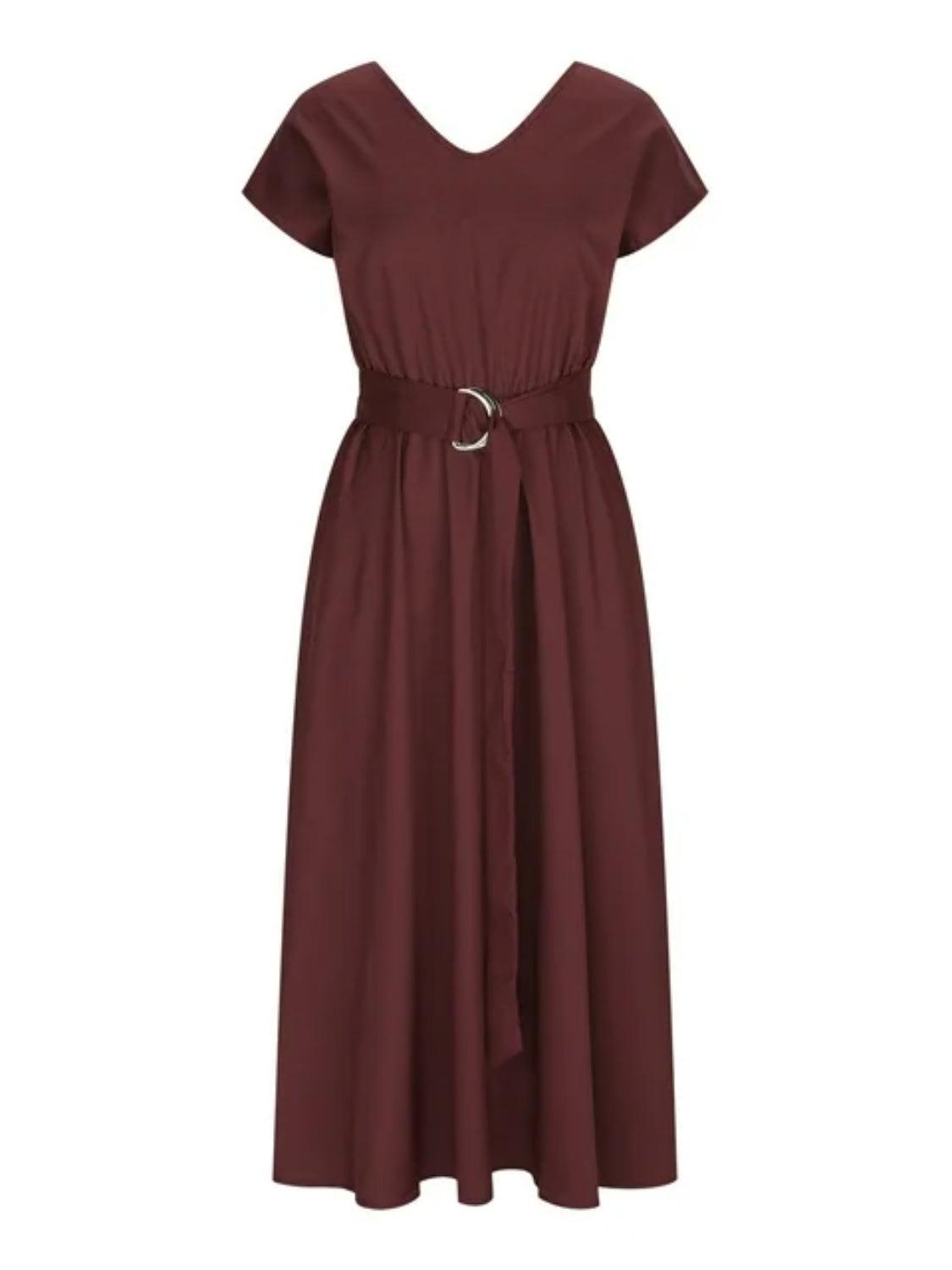 Ruched V-Neck Cap Sleeve Dress Carauana Store