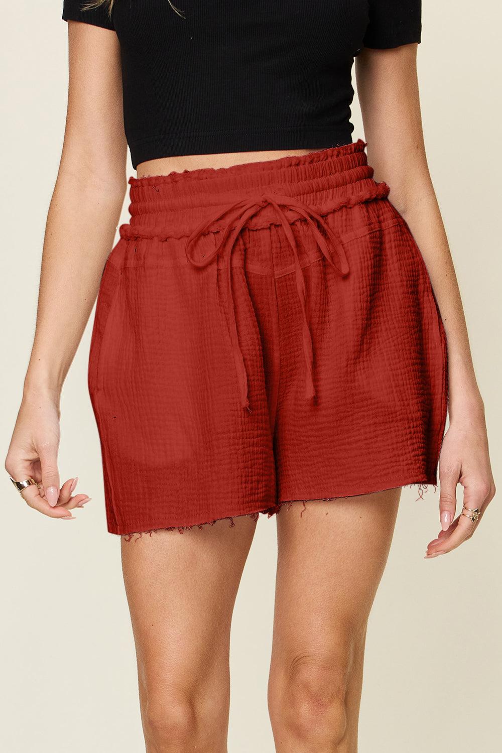 Double Take Full Size Texture Raw Trim Drawstring Shorts Carauana Store