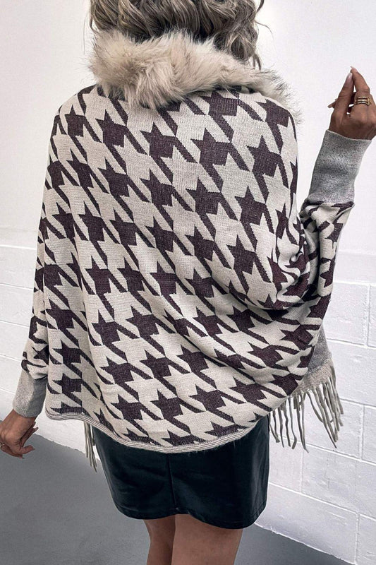 Houndstooth Fringe Hem Poncho Carauana Store