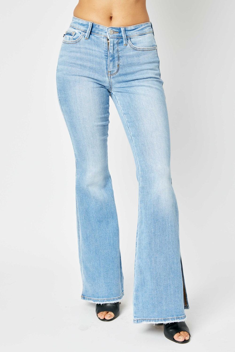 Judy Blue Full Size Mid Rise Raw Hem Slit Flare Jeans Carauana Store