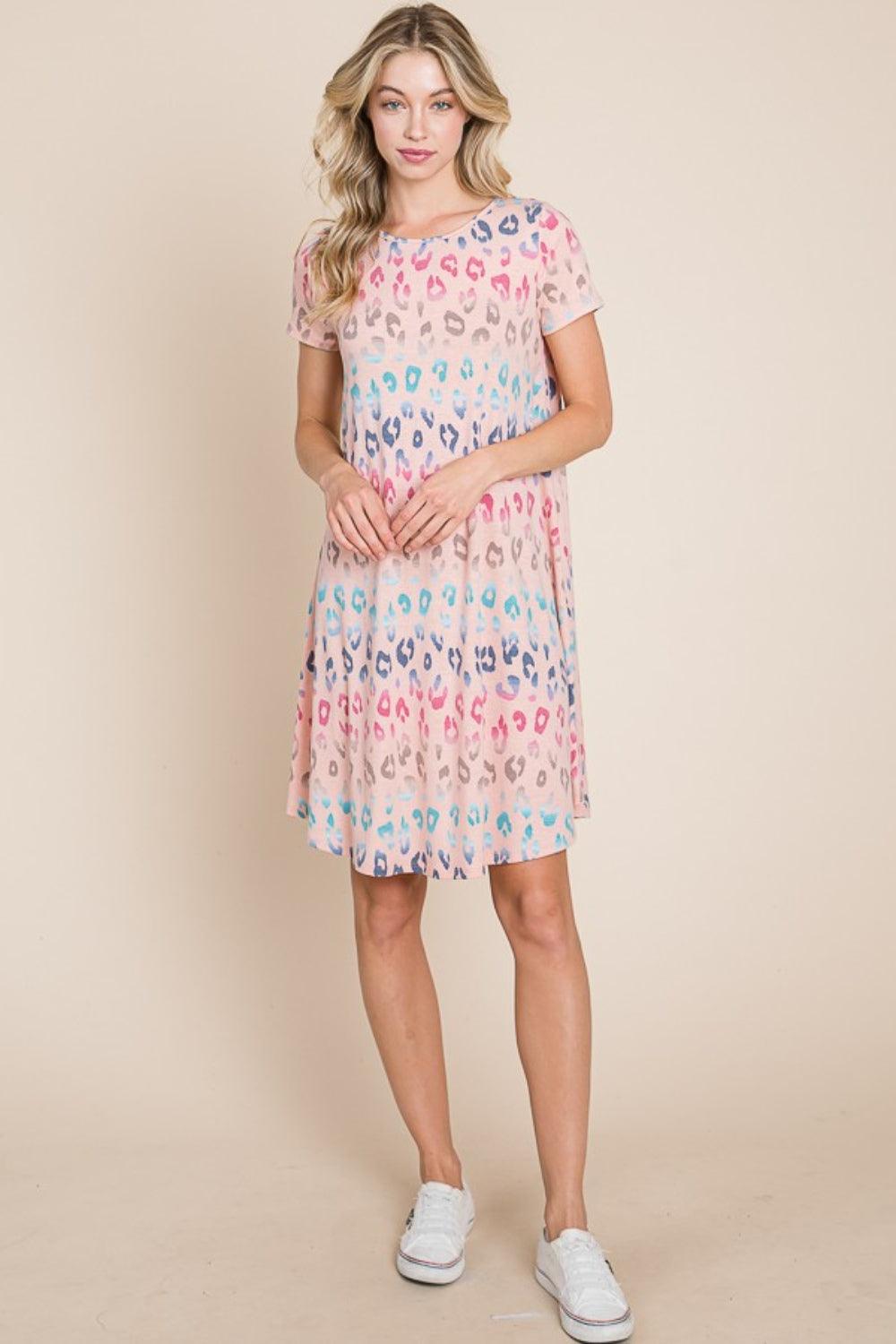 BOMBOM Leopard Round Neck Short Sleeve Dress Carauana Store