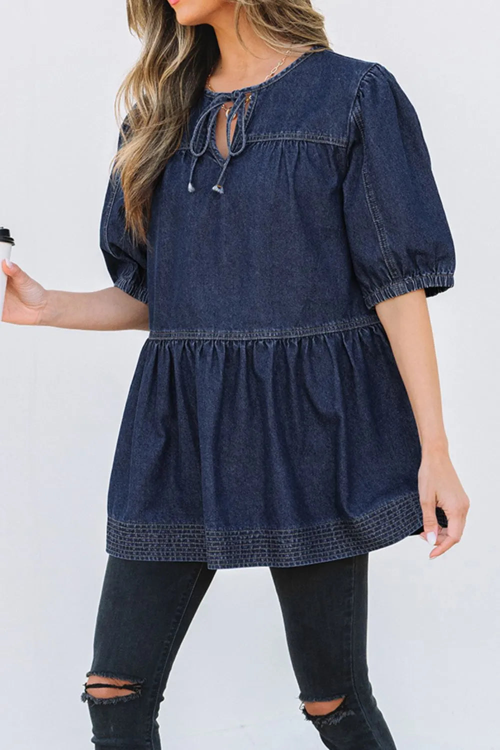 Tie Neck Babydoll Denim Top Carauana Store