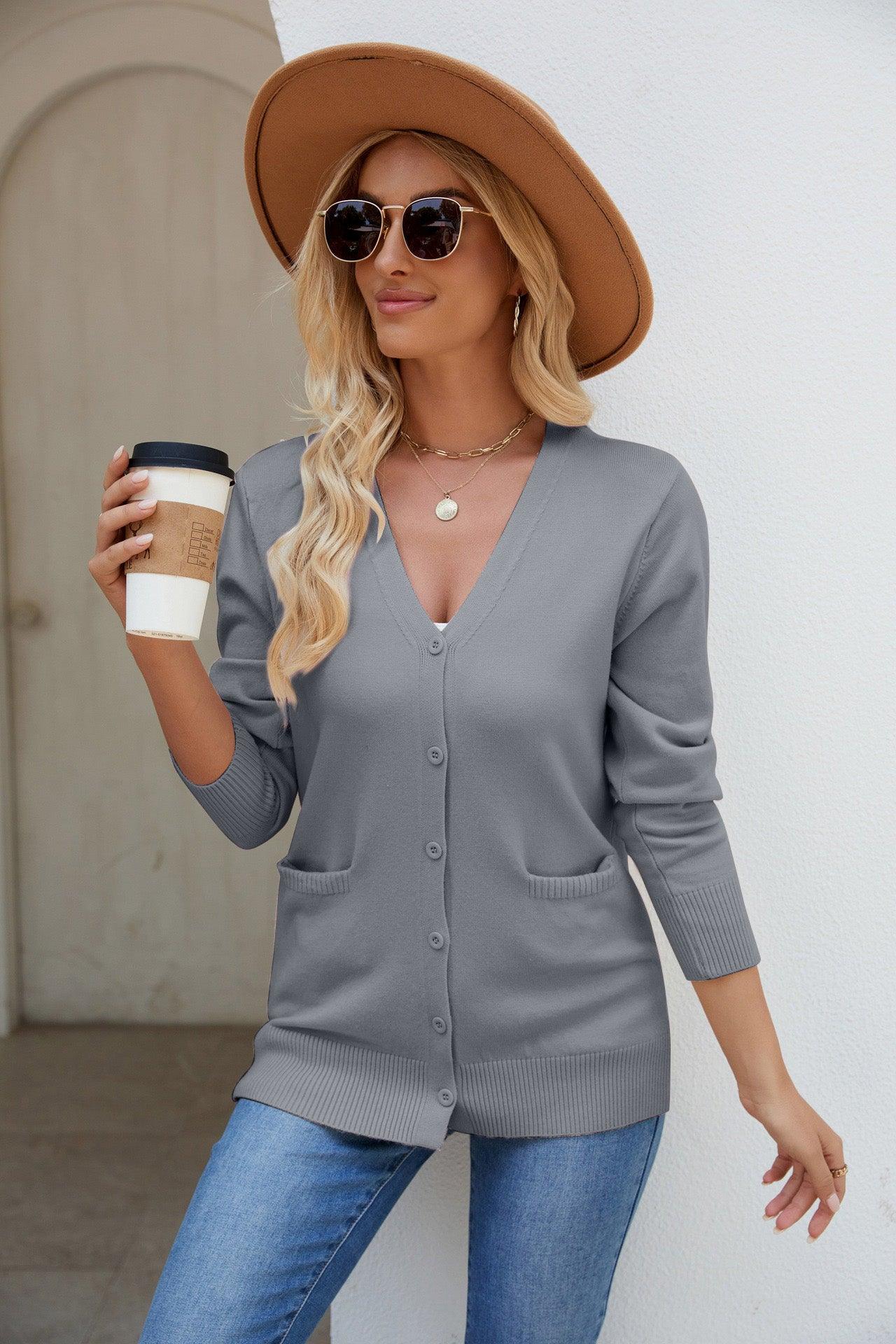 Pocketed V-Neck Button Up Long Sleeve Cardigan Carauana Store