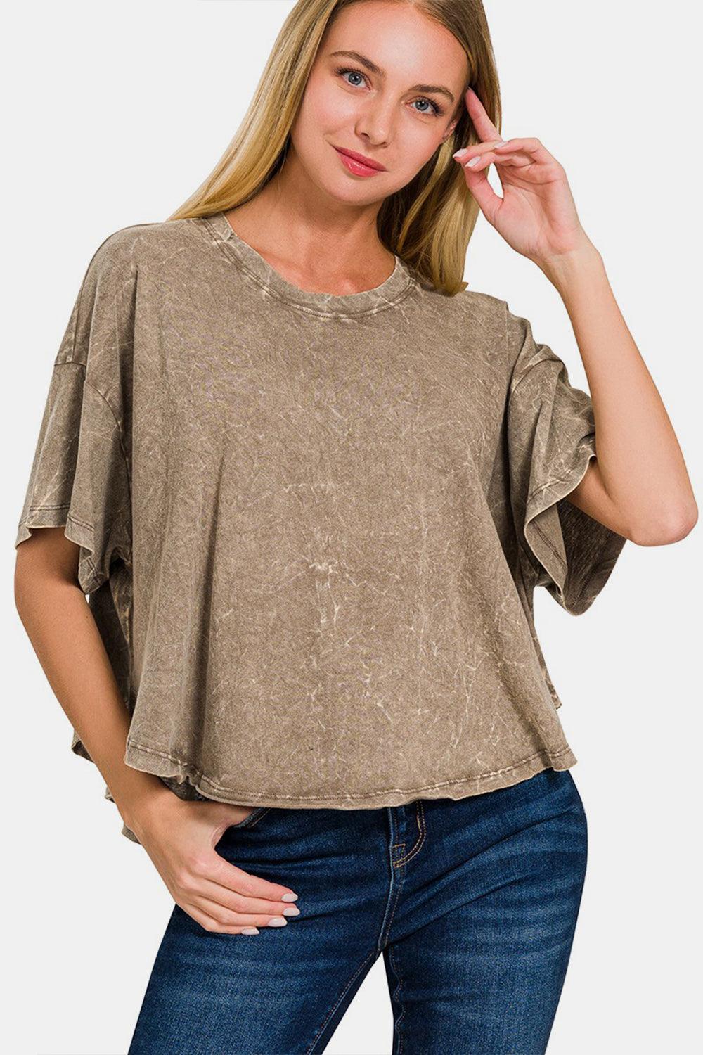 Zenana Washed Round Neck Drop Shoulder Cropped T-Shirt Carauana Store