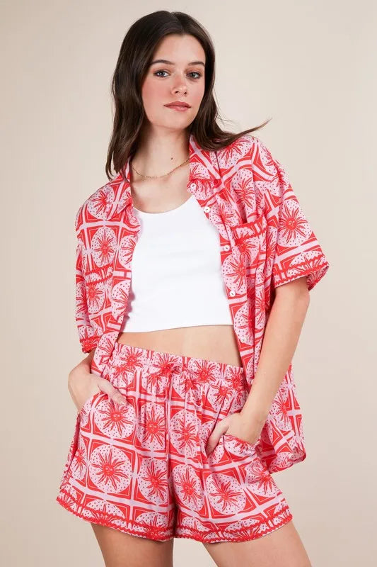 VERY J Full Size Tropical Printed Shirt Top and Shorts Set Plus Size Carauana Store