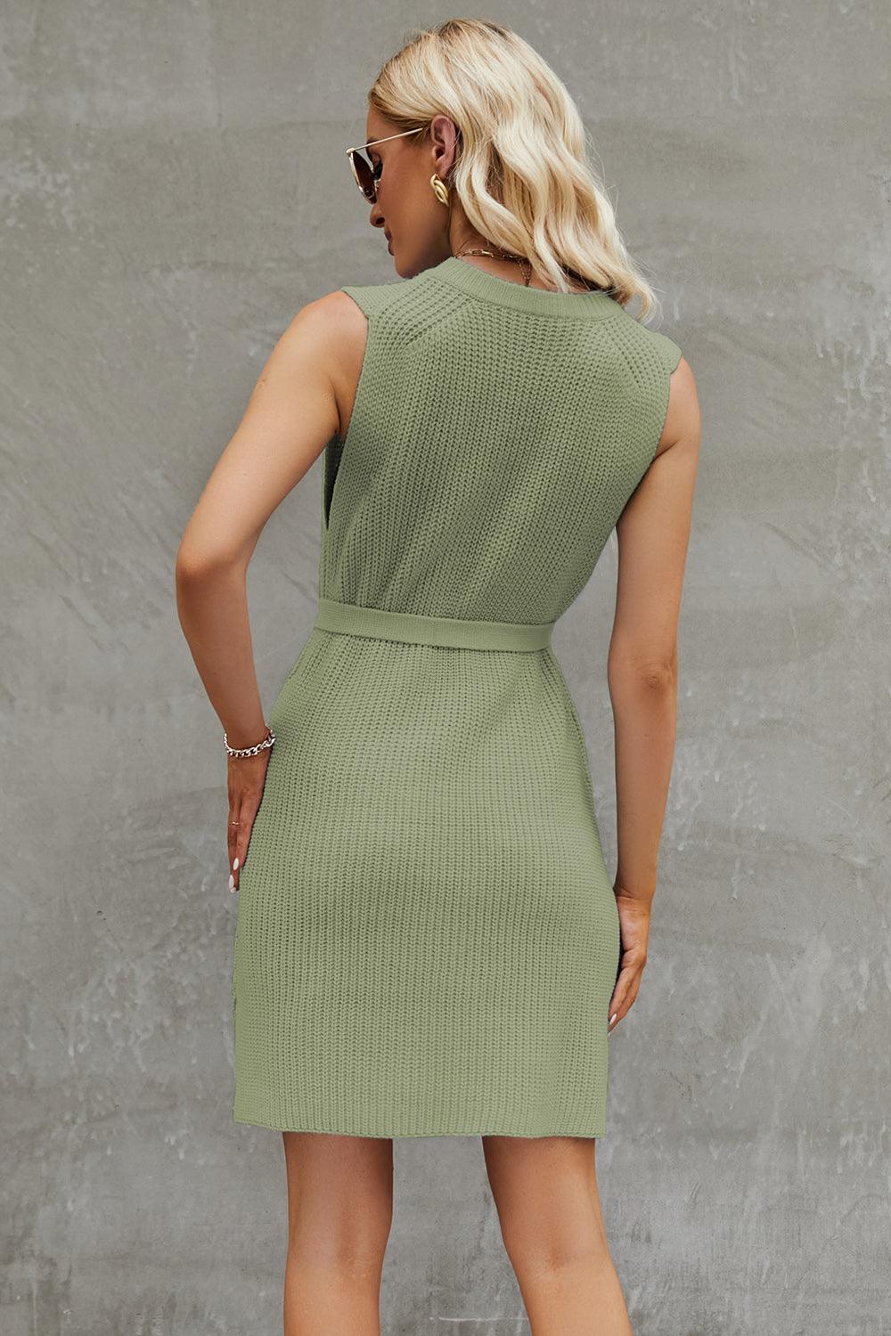 Tied Round Neck Sleeveless Sweater Dress Carauana Store
