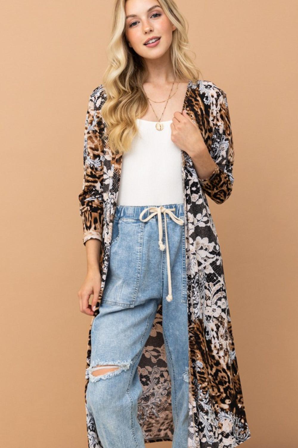 And The Why Leopard Kimono Open Front Longline Cardigan Carauana Store