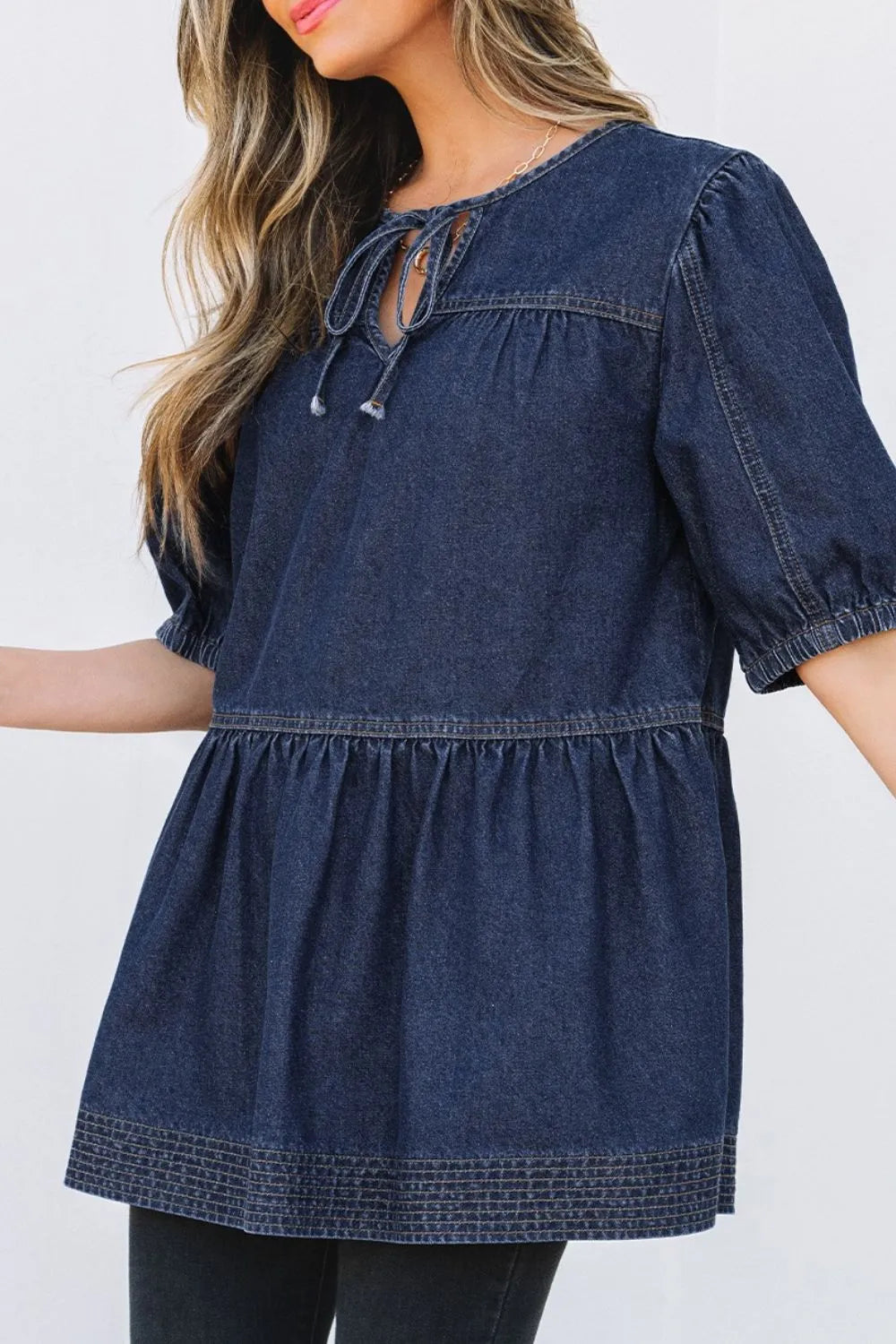 Tie Neck Babydoll Denim Top Carauana Store