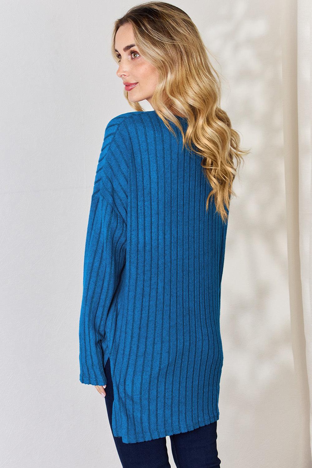 Basic Bae Full Size Ribbed Half Button Long Sleeve High-Low T-Shirt Carauana Store