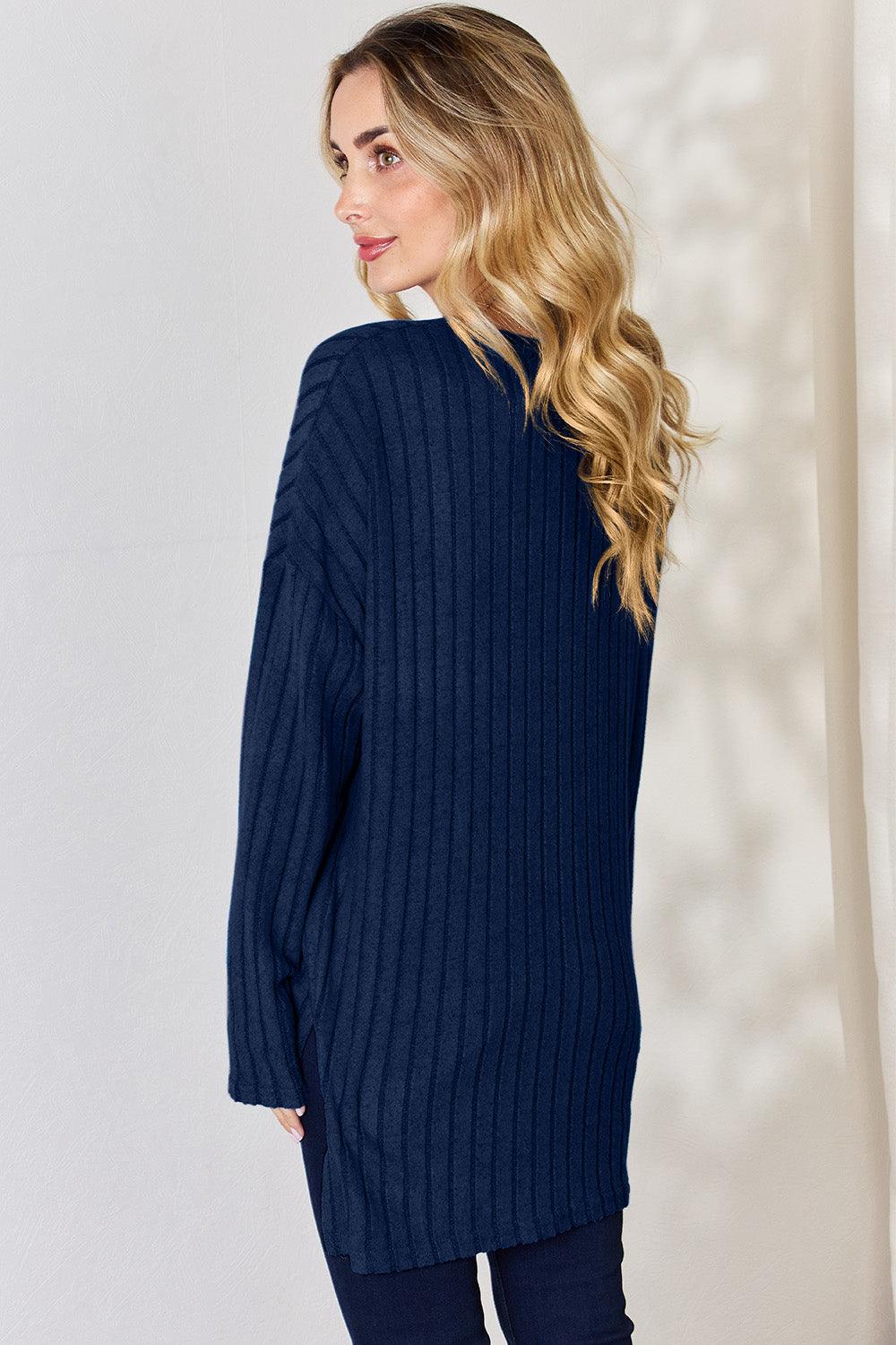 Basic Bae Full Size Ribbed Half Button Long Sleeve High-Low T-Shirt Carauana Store