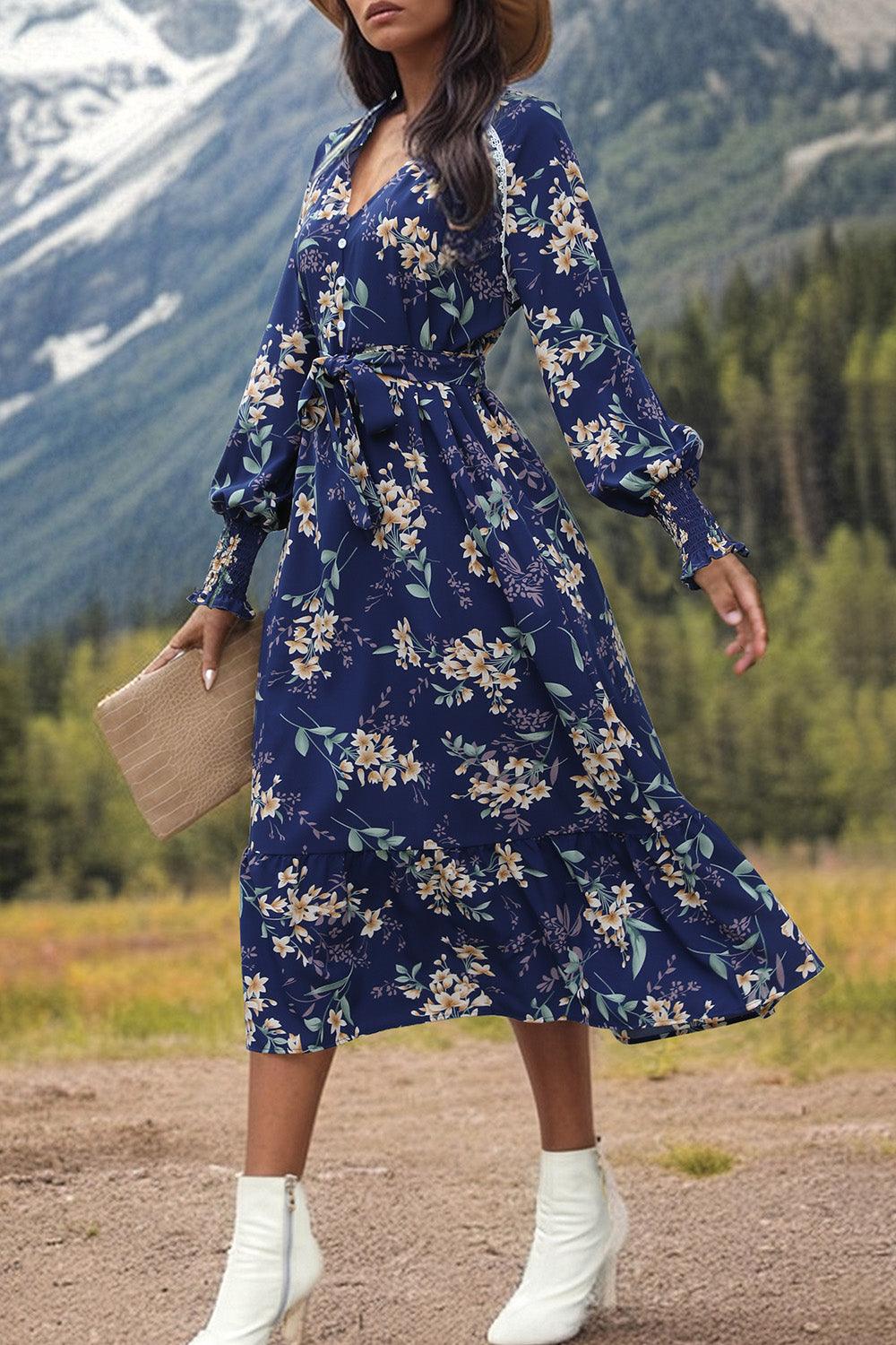Printed Notched Lantern Sleeve Midi Dress Carauana Store