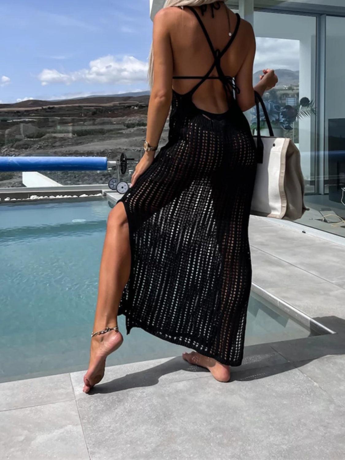 Openwork Slit Cutout Wide Strap Dress Carauana Store