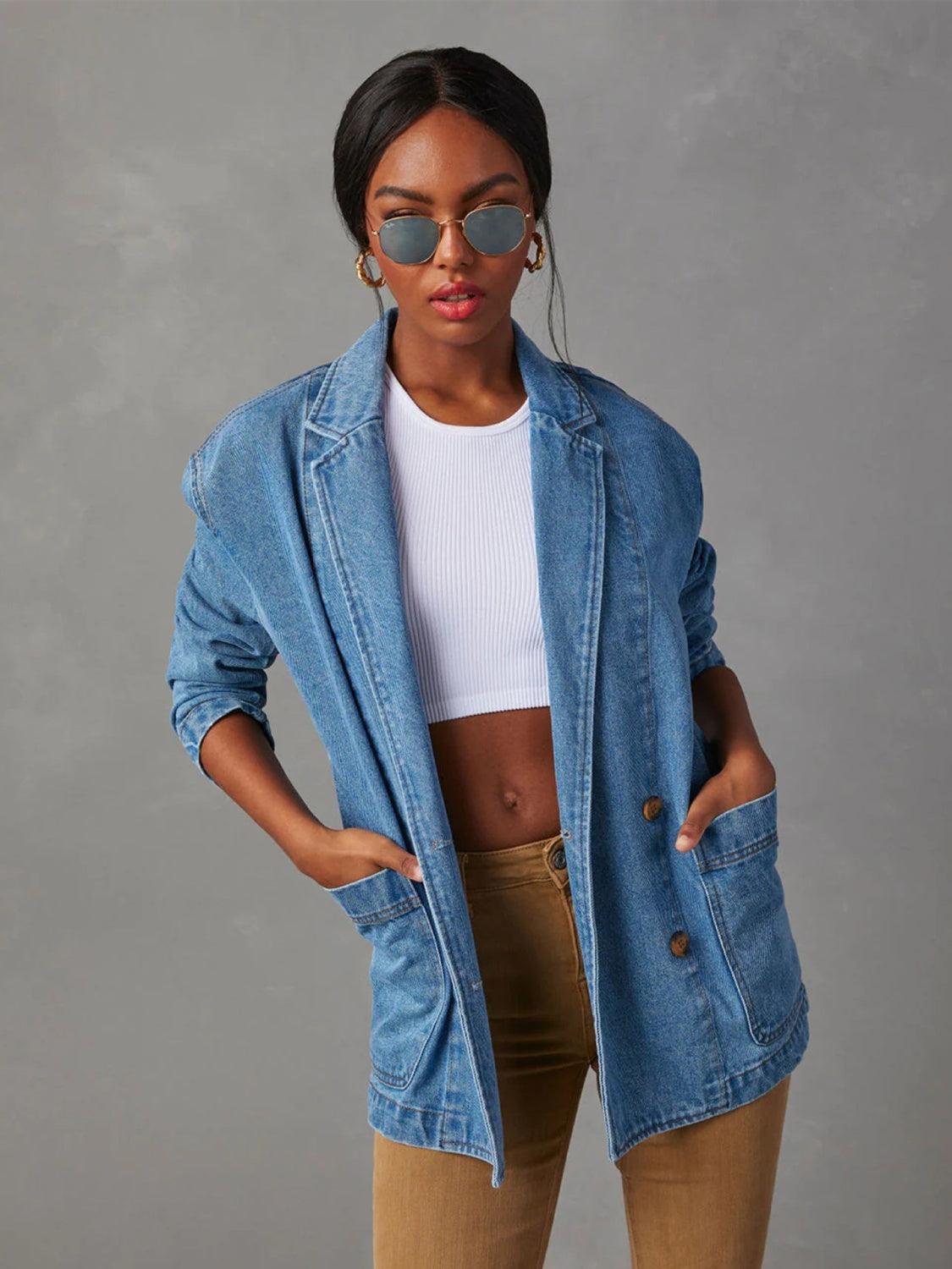 Collared Neck Long Sleeve Denim Jacket Carauana Store