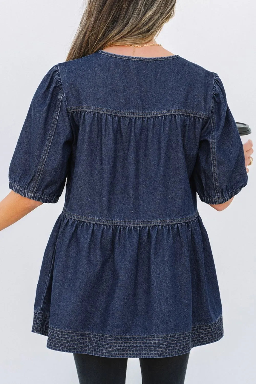 Tie Neck Babydoll Denim Top Carauana Store