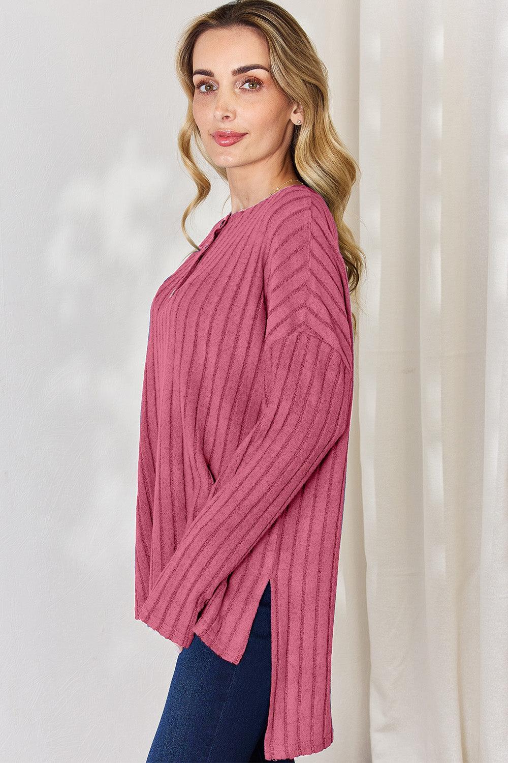Basic Bae Full Size Ribbed Half Button Long Sleeve High-Low T-Shirt Carauana Store