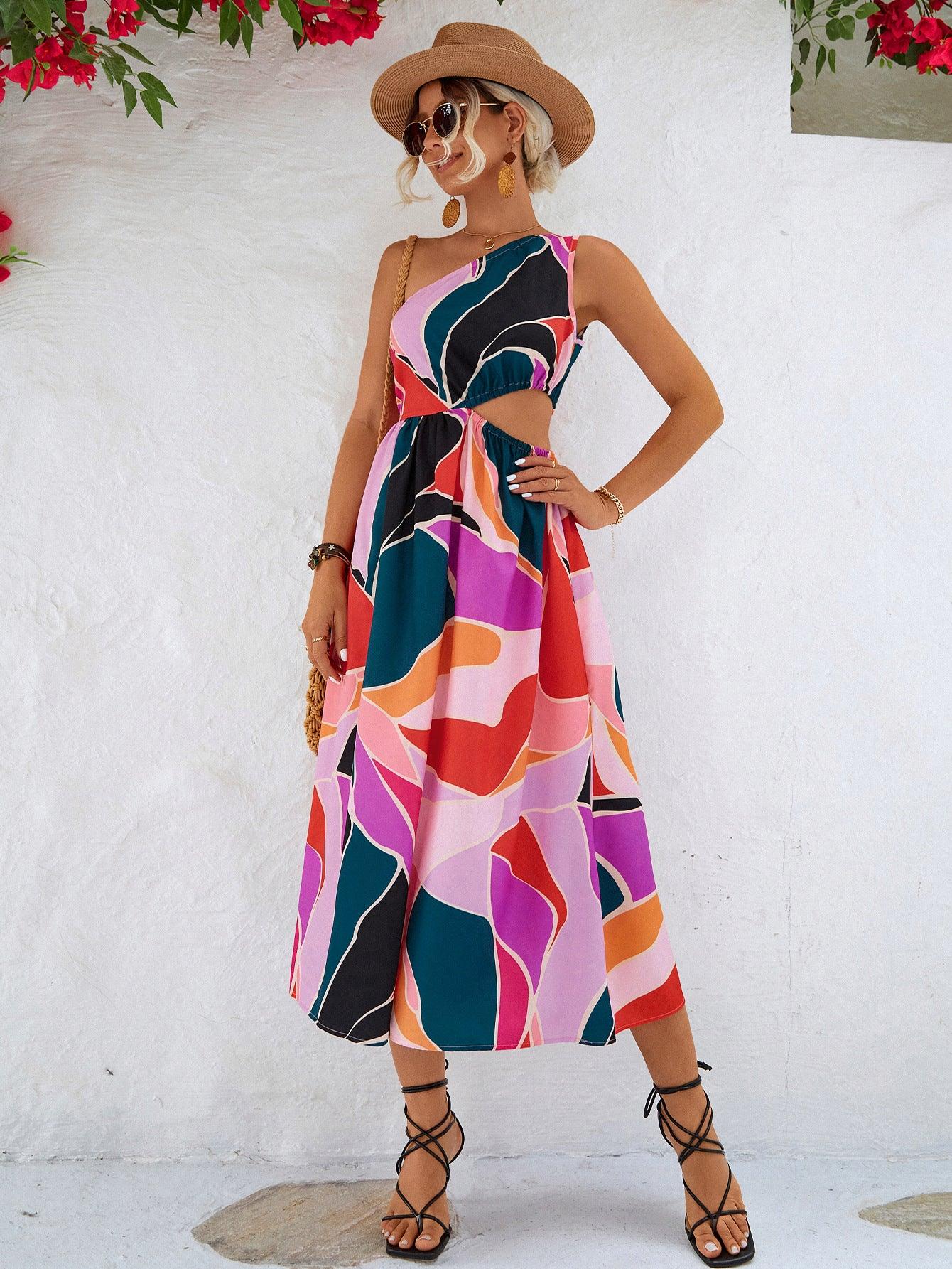 Printed Cutout One-Shoulder Sleeveless Dress Carauana Store