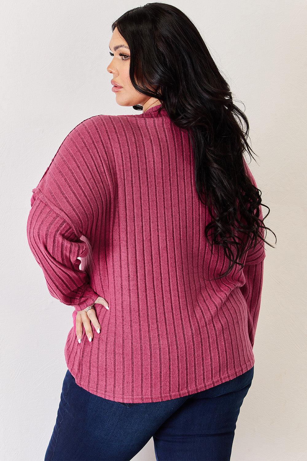 Basic Bae Full Size Ribbed Half Button Long Sleeve High-Low T-Shirt Carauana Store
