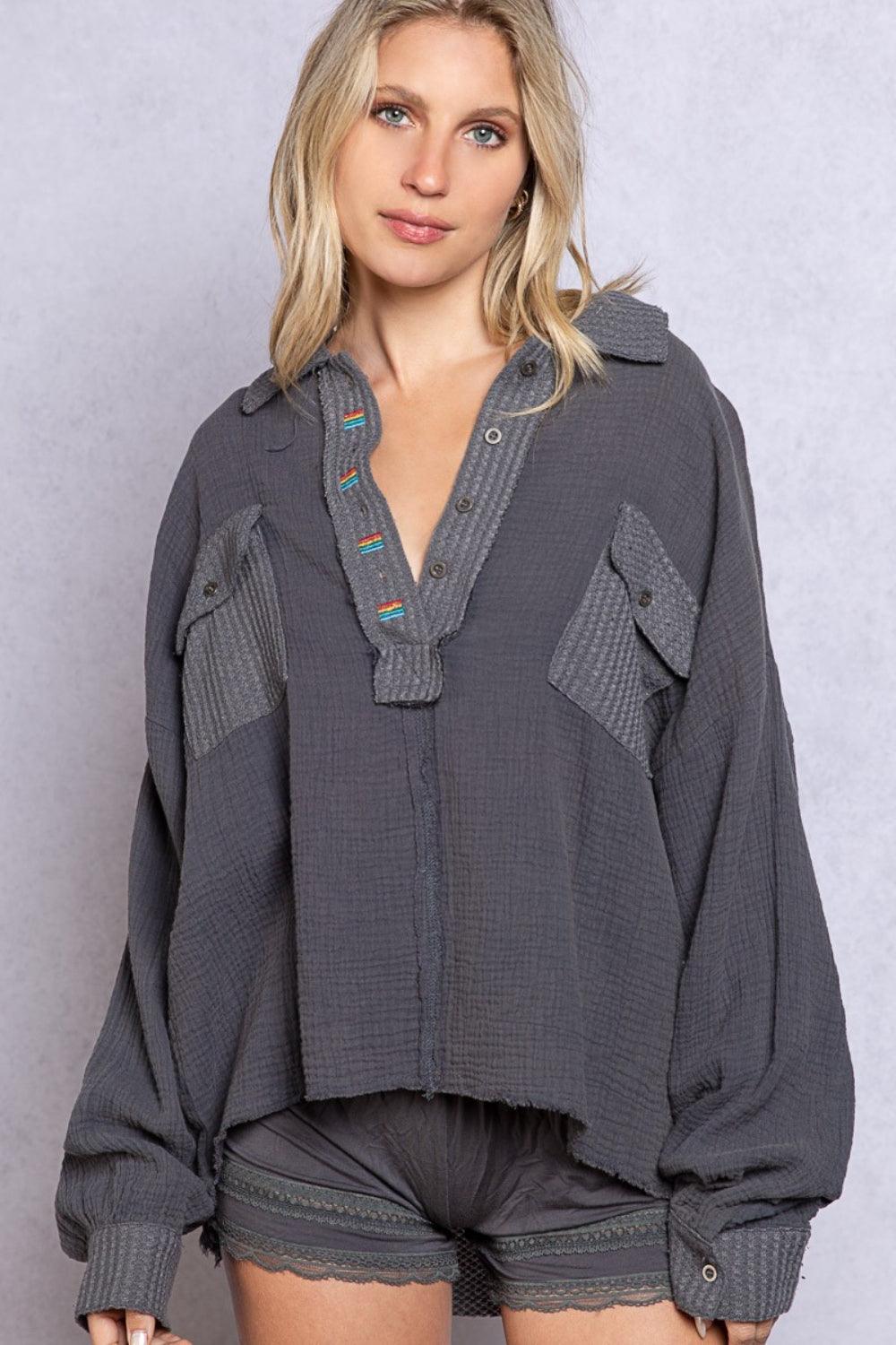 POL Texture Half Button Long Sleeve Top Carauana Store