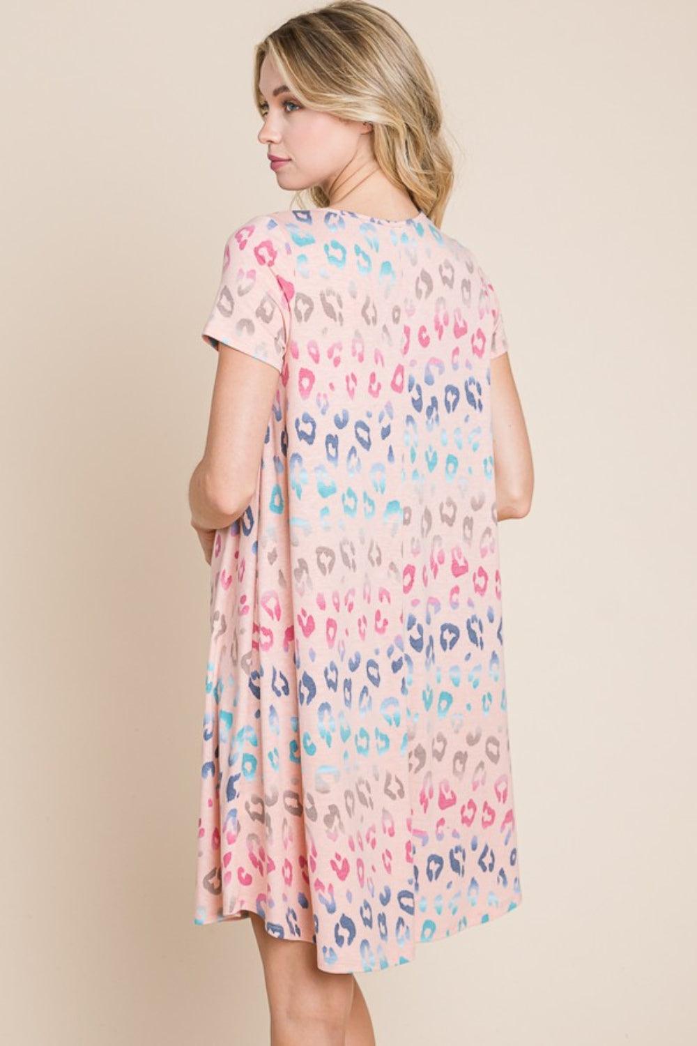 BOMBOM Leopard Round Neck Short Sleeve Dress Carauana Store