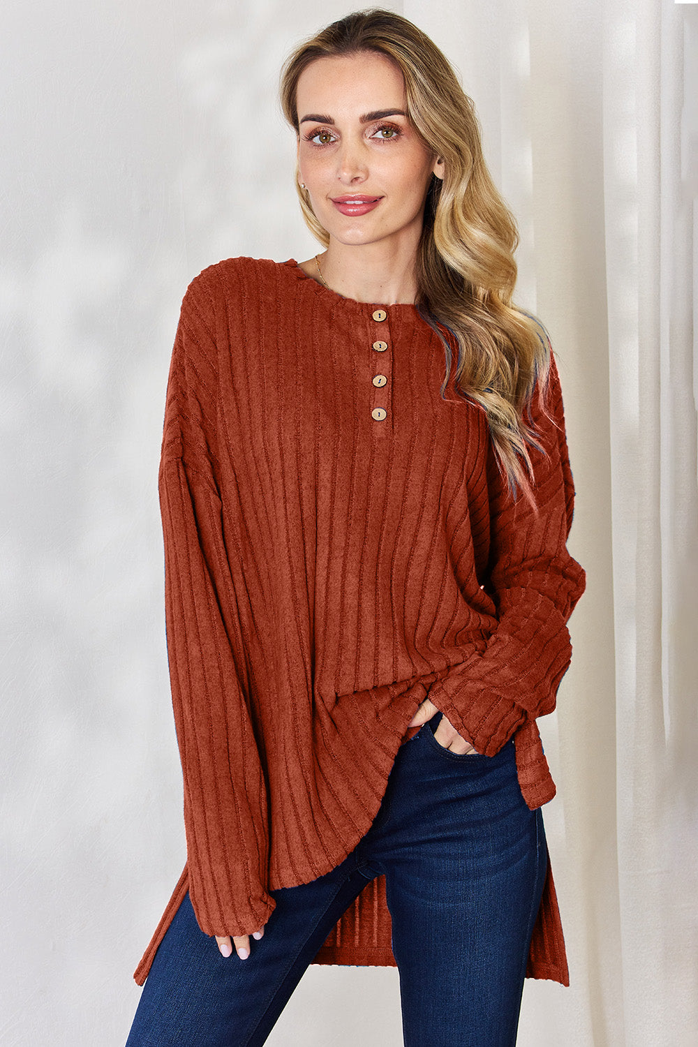 Basic Bae Full Size Ribbed Half Button Long Sleeve High-Low T-Shirt Carauana Store