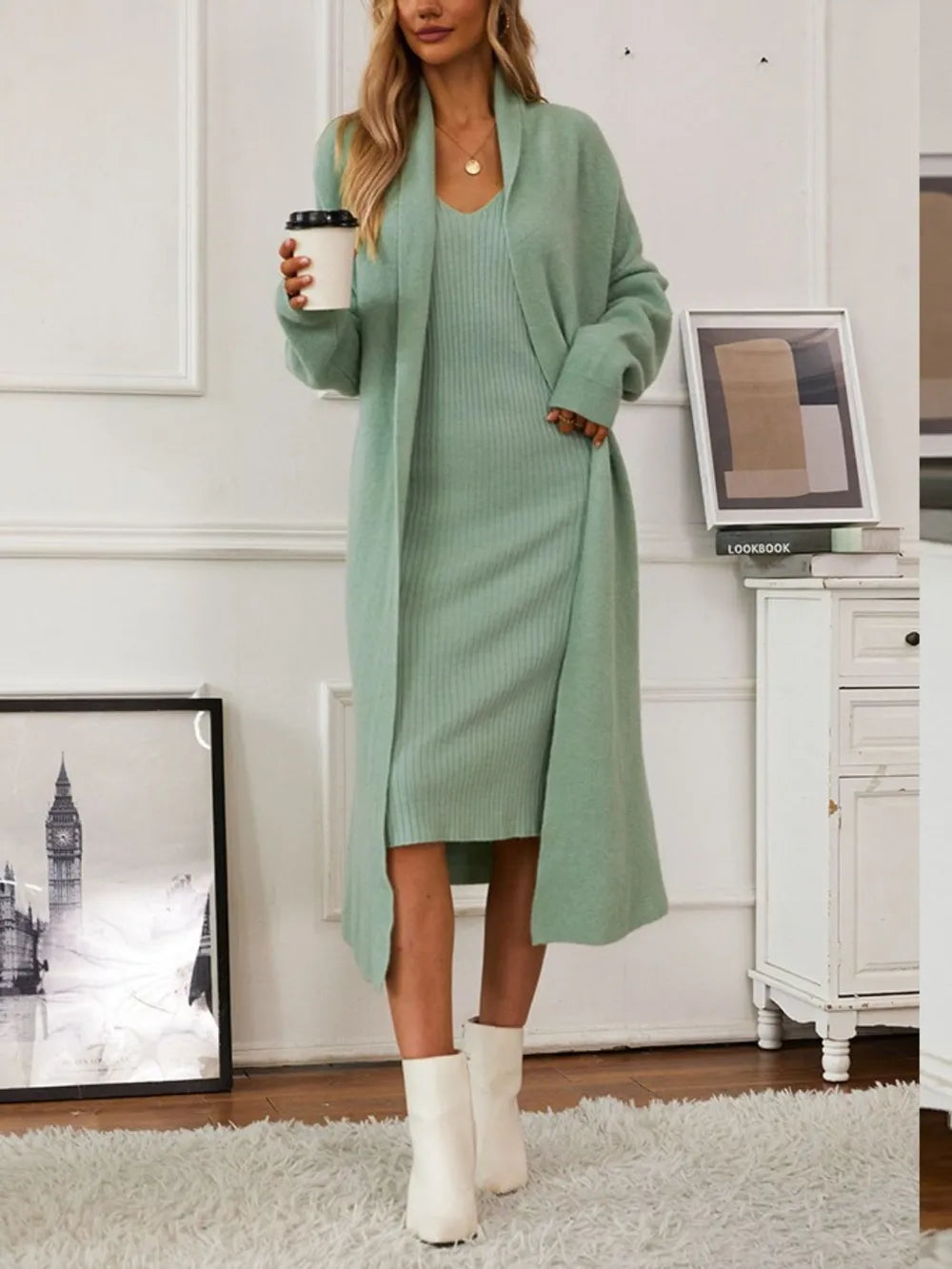 V-Neck Cami Dress and Open Front Cardigan Sweater Set Carauana Store
