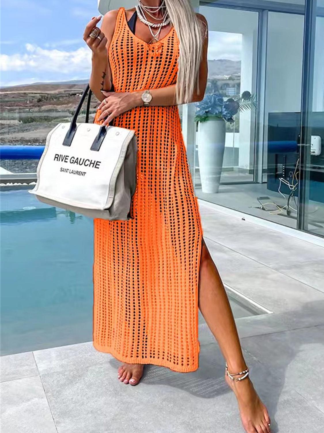 Openwork Slit Cutout Wide Strap Dress Carauana Store