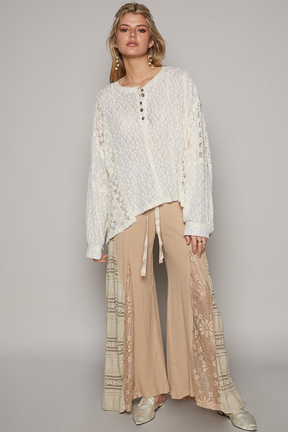 POL Round Neck Long Sleeve Raw Edge Lace Top Carauana Store