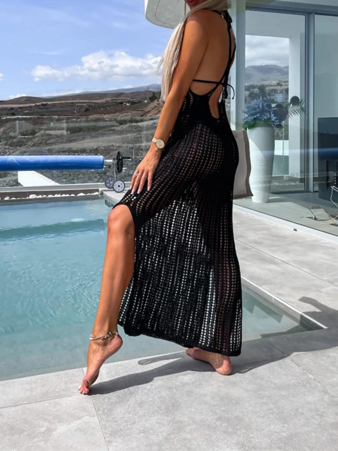 Openwork Slit Cutout Wide Strap Dress Carauana Store