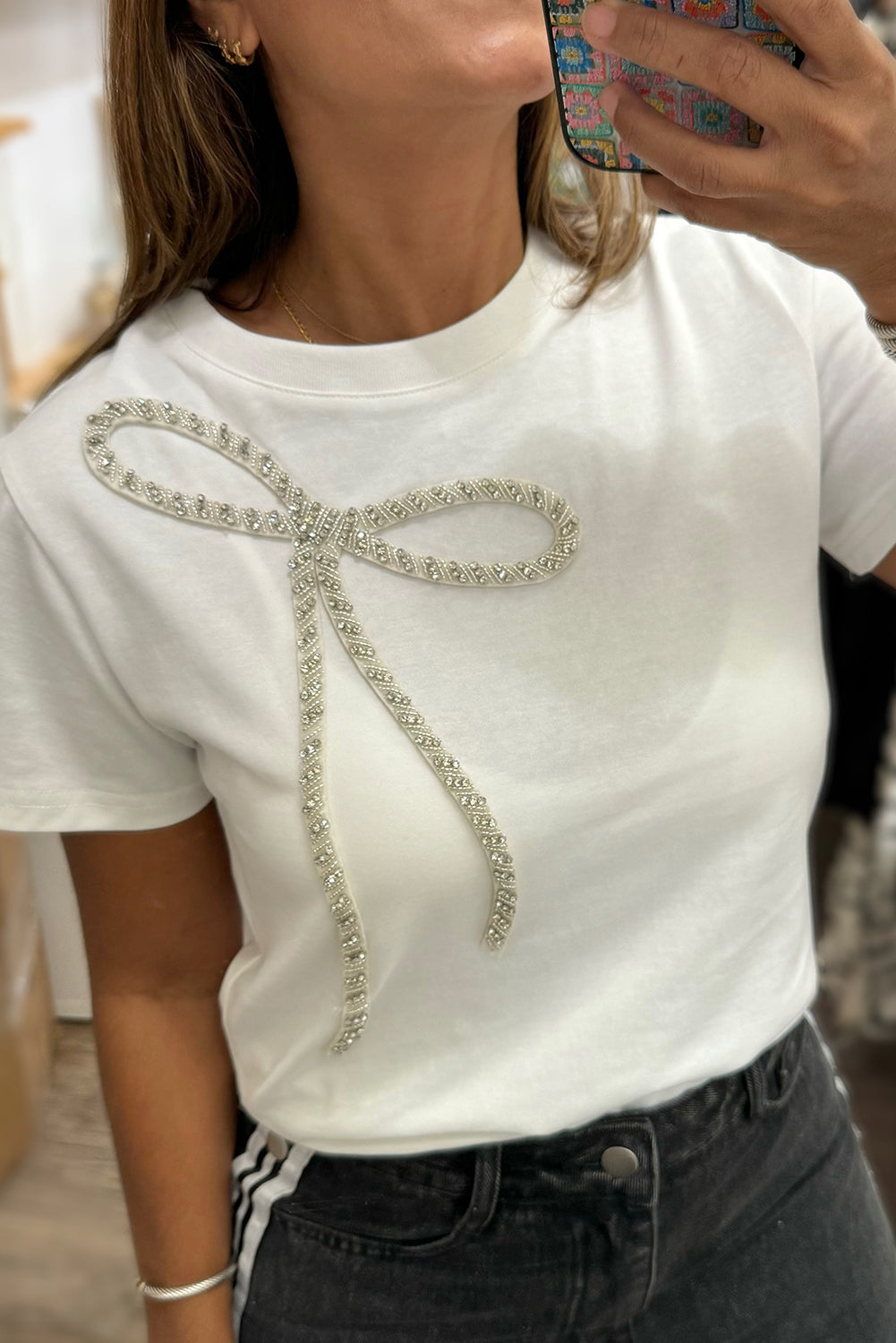 White Rhinestone Bow Embellished Round Neck Tee