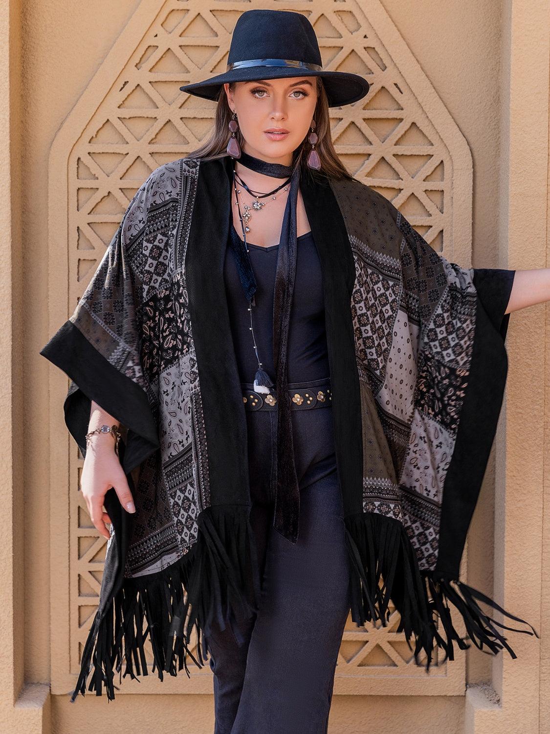 Plus Size Printed Fringe Open Front Outerwear Carauana Store